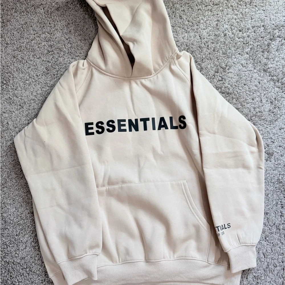 Essentials Men's Cream Hoodie with Black Logo - Picture 2 of 7
